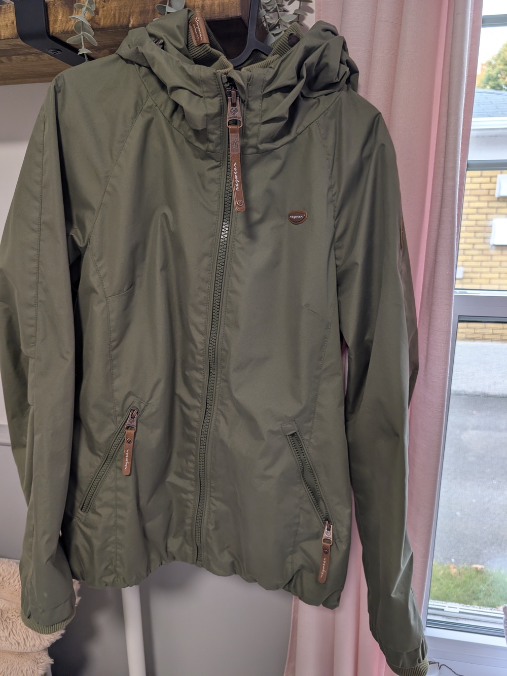 Ragwear Olive Green Hooded Women's Raincoat with Zip Pockets
